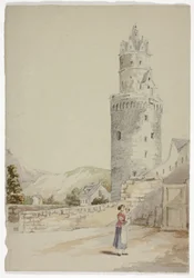 Mulher e criança antes da cidade murada com torre