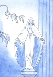 Uma estátua no jardim: Aqui, podemos ver a abordagem sincera de Nossa Senhora a Deus. Ela sempre lhe perguntava: "O que você gostaria que eu fizesse", 2002 (w - c no papel)