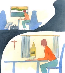 Uma pessoa que adopta um novo país e o ama, descobre tudo o que pode, estuda a sua história, viaja para lugares bonitos e defende-o perante os outros, 2005 (aguarela sobre papel)