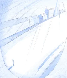 A vida de uma pessoa se estende à frente, como uma rua vazia, pronta para os gloriosos edifícios de Deus surgirem (se a pessoa não erguer cercas ou manter ambições privadas), 2001 (w - c no papel)