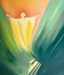 Uma oferta de valor infinito sobe do altar em cada missa enquanto Jesus implora ao Pai em nosso nome, 2001 (óleo a bordo)