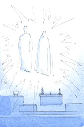 Assim que cumprimentei Cristo no tabernáculo, vi-o aparecer no alto do santuário, com sua mãe, para uma visita de aniversário de 2003 (w - c no papel)