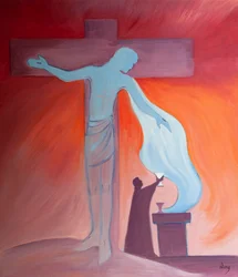 Na missa, Cristo dá seu sagrado corpo e sangue como nosso alimento e bebida espirituais, 2000 (óleo a bordo)