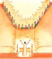 Na missa, enquanto Cristo reza ao Pai, os santos olham do céu e partilham as nossas orações, 2005 (aguarela sobre papel)