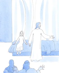 Ao preocuparmo-nos com as pessoas que precisam de comida e bebida, demonstramos o amor que temos no coração - como Jesus fez quando curou uma menina, 2005 (aguarela sobre papel)