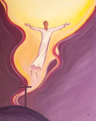 Pela vontade, presciência, plano, consentimento e justiça do Pai, Cristo sofreu e morreu, e saltou para Seu Pai, atraindo-nos em Seu rastro., 2001 (óleo a bordo)