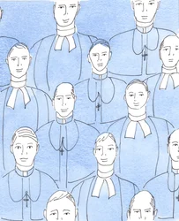 É preciso ter cuidado quando os bispos católicos se encontram com o clero anglicano, para que os católicos não sejam levados a pensar que existem conjuntos paralelos de "bispos", com ordens sacramentais de igual validade, 2005 (aguarela sobre papel)