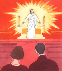 Cristo pediu-me para dizer às outras pessoas: "Se pudesses ver Jesus no santuário, a observar-te, quando entras, farias melhores genuflexões", 2005 (aguarela sobre papel)