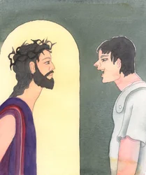 Cristo sofreu insultos horríveis na sua Paixão, pois foi escarnecido pelos soldados por causa da sua pregação, da sua pretensão de ser o Filho de Deus, da sua origem galileia e também da sua pureza e inocência, 2005 (aguarela sobre papel)