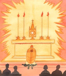 Cristo fica profundamente tocado e muito satisfeito quando participamos em devoções tradicionais como a Adoração ao Santíssimo Sacramento, com a Bênção, ou as "Quarenta Horas", e várias devoções que honram a Sua Santa Mãe Maria, 2005 (aguarela sobre papel)