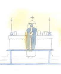 Cristo alegra-se com a celebração da Forma Extraordinária da Missa, que nos permite experimentar aspectos da liturgia que são simultaneamente admiráveis e apropriados, 2005 (aguarela sobre papel)