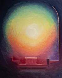Cristo está verdadeiramente presente no Santíssimo Sacramento. Agradamos e honramos a Deus quando nos ajoelhamos para agradecê-Lo por nos permitir fazer Sua obra na terra - especialmente os sacerdotes, 2003 (óleo a bordo)