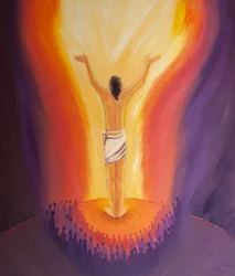 Cristo está entre nós na missa e ora pelos pecadores oferecendo Seu sacrifício de uma vez por todas, 2000 (óleo a bordo)