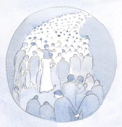 Cristo caminhava no meio do Seu povo, uma criança em Seus ombros, com os peregrinos e enfermos., 2001 (w - c no papel)