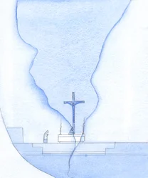 Durante a Santa Missa, foi como se uma fenda aparecesse do outro lado do santuário, através da qual vi Cristo na cruz, 2002 (w - c no papel)
