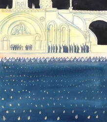 Deus e os seus santos anjos olham com alegria, onde Cristo e sua mãe Maria estão presentes, onde Cristo é adorado e Maria honrada, e onde as pessoas seguem o seu exemplo - como no Domaine, em Lourdes, 2005 (aguarela sobre papel)