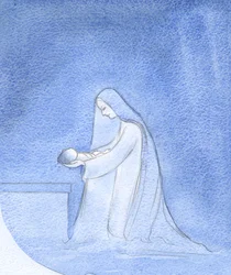 Com que simplicidade Mary, ajoelhada, colocou seu bebê para dormir, sem se preocupar com pensamentos de seu próprio papel privilegiado., 2001 (w - c no papel)