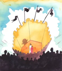 Se rezarmos em nome de Cristo, com fé nele e no poder do seu Espírito, podemos ter a certeza de manter "fora" das nossas almas os pensamentos, as tentações, os demónios e os medos que por vezes nos atacam, 2005 (aguarela sobre papel)