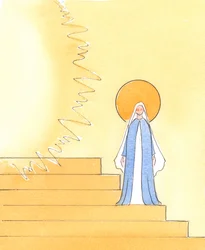 Numa imagem do Tribunal do Céu, onde Deus Pai reina na glória, Nossa Senhora é colocada nos degraus que conduzem ao trono do Pai, 2004 (w - c no papel)