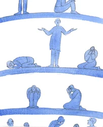 Nas profundezas do Purgatório estão almas - como pessoas desesperadas em uma masmorra medieval que se amontoam perto das paredes - que não têm ninguém para orar por elas., 2004 (w - c no papel)