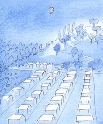 Em tempo de guerra, algumas pessoas fugiram de uma cidade na escuridão, para se juntarem aos guerrilheiros nas colinas e trabalharem pela justiça e pela derrota dos conquistadores malvados, 2004 (aguarela sobre papel)
