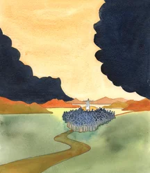 Foi como se uma "nuvem" sobre a terra se tivesse rasgado, quando Jesus percorreu a Galileia, falando a verdade sobre o objetivo da vida, a glória do Pai, a necessidade de arrependimento e de batismo, 2005 (aguarela sobre papel)