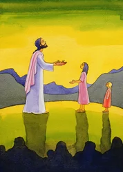 Jesus Cristo realiza o milagre dos pães e dos peixes, 2004 (w - c no papel)