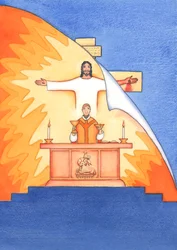 Jesus está presente conosco na missa, orando ao Pai em nosso nome, por ajuda em nossas necessidades e pela salvação eterna. Podemos unir todas as nossas orações com sua grande oração de sacrifício, 2004 (w - c on pa