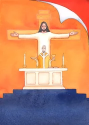 Jesus está presente conosco na missa, orando ao Pai em nosso nome, por ajuda em nossas necessidades e pela salvação eterna. Podemos unir todas as nossas orações com sua grande oração de sacrifício, 2004 (w - c on pa