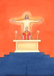 Jesus está presente conosco na missa, orando ao Pai em nosso nome, por ajuda em nossas necessidades e pela salvação eterna. Podemos unir todas as nossas orações com sua grande oração de sacrifício, 2004 (w - c on pa