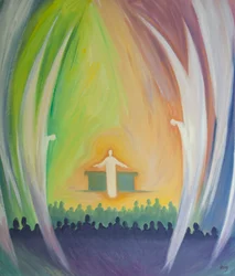 Jesus está verdadeiramente presente conosco na missa, adorada pelos anjos, 2000 (óleo a bordo)