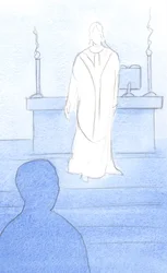 Jesus esteve presente entre nós na Missa, vestido de sacerdote, voltando-se para nós para nos conduzir à oração, 2000 (w - c no papel)