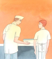 Tal como um cozinheiro é gentil com o seu aprendiz quando lhe recorda que se esqueceu de pôr ovos na sua mistura de esponja, também nós falamos por caridade, não por dureza de coração, 2005 (aguarela sobre papel)