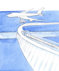 A vida vivida em união com Deus através do Batismo é como uma viagem num assento de um monocarril; o comboio chega a um aeroporto, que representa uma morte feliz; pois há um voo à espera, que terminará no Céu, 2004 (aguarela sobre papel)
