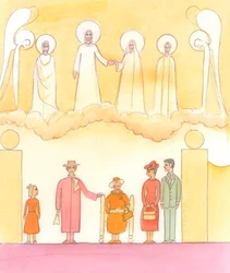 A maioria das pessoas pensa que uma Rainha está a agir corretamente quando assegura que a sua mãe - a "Rainha Mãe" - é homenageada tanto em celebrações privadas como estatais, 2005 (aguarela sobre papel)