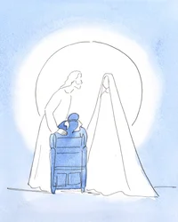Nossa Senhora estava comigo, com seu Filho, oferecendo uma saudação pascal. Ambos ficaram maravilhados com minha alegria em vê-los e em saber que estão felizes no céu, 2003 (w - c no papel)
