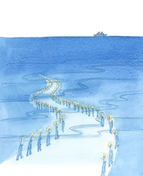 Pessoas que morrem enquanto rezam (como aqueles que morreram rezando o Rosário no Titanic) estão marchando por uma estrada que parece levar à escuridão, 2002 (w - c no papel)