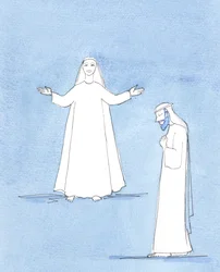 S. José olhava para a sua mulher, Maria, com admiração e espanto, bem como com amor. A sua devoção para com ela era sincera e inabalável, pois considerava-se um privilegiado por poder cuidar dela e do seu Divino Filho, 2005 (aguarela sobre papel)