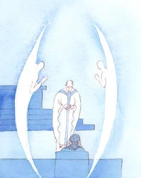 A Sagrada Eucaristia, que é Jesus Cristo realmente presente, é uma dádiva tão grande e tão santa que dois anjos acompanham o sacerdote enquanto ele leva o Santíssimo Sacramento até nós, para a Sagrada Comunhão, 2005 (aguarela sobre papel)