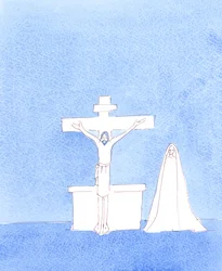 Cristo Ressuscitado está realmente presente connosco, depois da Consagração, rezando ao Pai para que os pecadores sejam perdoados, tal como Ele rezou da Cruz do Calvário, 2004 (aguarela sobre papel)