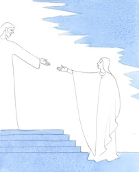 A resposta generosa da Virgem Maria ao convite de Deus para se tornar a Mãe de Deus trouxe-lhe muito sofrimento - mas também uma enorme alegria e glória, 2005 (aguarela sobre papel)