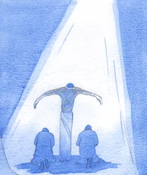 O sofredor Salvador se levanta, com os braços estendidos, para abrigar as pessoas arrependidas; e o Pai olha amorosamente do Céu, para Seu Filho, 2002 (w - c no papel)