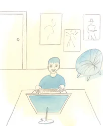 Há muitas crianças que, entregues a si próprias, tomam decisões tolas ou egoístas sobre o seu comportamento; por exemplo, muitas optam por ver pornografia nos seus computadores em vez de fazerem os seus trabalhos escolares, 2005 (aguarela sobre papel)