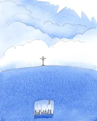 Aqueles que, no final de uma vida pecaminosa, se recusam a arrepender-se, não podem subir ao Céu, mas têm de "cair" muito abaixo, no Inferno, 2005 (aguarela sobre papel)