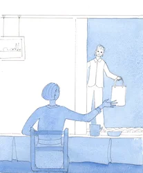 Aqueles que apreciam as visões, mas se contentam em passar sem elas, são como as donas de casa que adoram receber uma visita para tomar um café e conversar, mas que se contentam em continuar com as suas tarefas normais, 2004 (aguarela sobre papel)