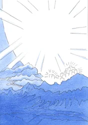 Viver na terra em união feliz com Deus é viver como se estivesse à beira da Cidade Celestial, no topo da montanha, muito acima do caminho escuro abaixo, 2002 (w - c no papel)