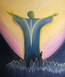 Podemos unir todas as nossas intenções com a poderosa oração de Cristo na missa, escondido atrás de seu manto, confiando em seus méritos, 2000 (óleo a bordo)