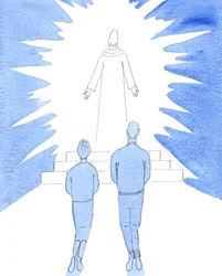 Precisamos de examinar as nossas vidas, para ver se Cristo está realmente "entronizado" nos nossos corações e lares, ou se o "deus" que servimos são os nossos próprios desejos e ambições, 2005 (aguarela sobre papel)