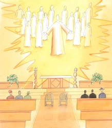 Quando um homem e uma mulher estão prestes a fazer os seus votos matrimoniais numa igreja católica, Cristo está presente com todos os seus santos, para testemunhar o casamento, que é um sacramento da Igreja, 2005 (aguarela sobre papel)