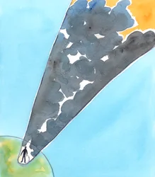 Quando uma pessoa vive apenas para satisfazer os seus apetites, e até trata uma criança com desdém e crueldade, é como se estivesse separada de Deus por centenas de quilómetros de nuvens impenetráveis, 2005 (aguarela sobre papel)